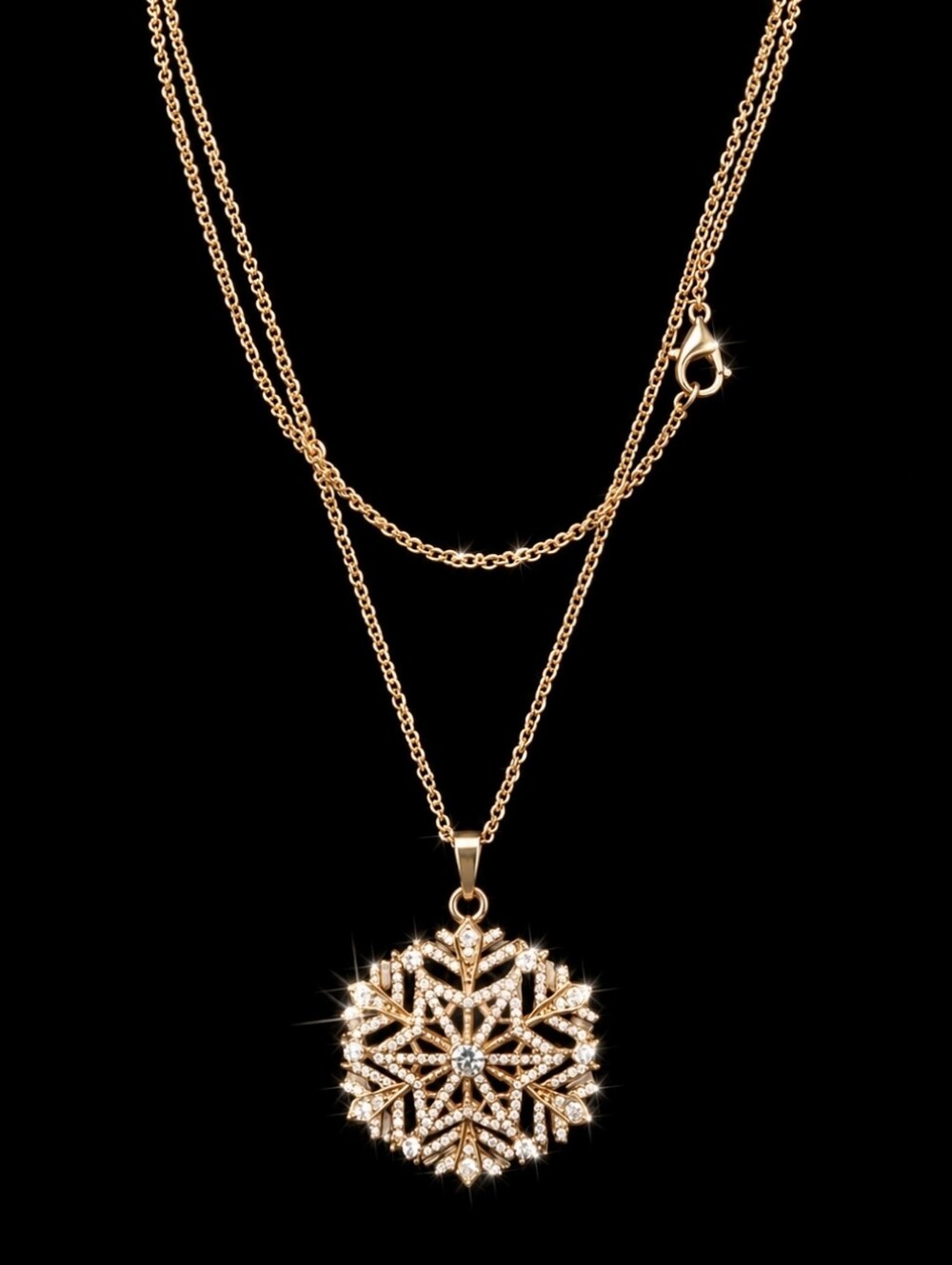Large SNOWFLAKE Brilliant Clear Rhinestone Gold Tone Dual Link Chain Necklace